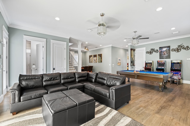 interior space with light hardwood / wood-style floors, ceiling fan, billiards, and crown molding