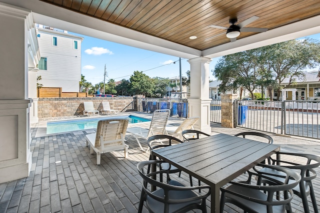 view of patio with ceiling fan and a fenced in pool