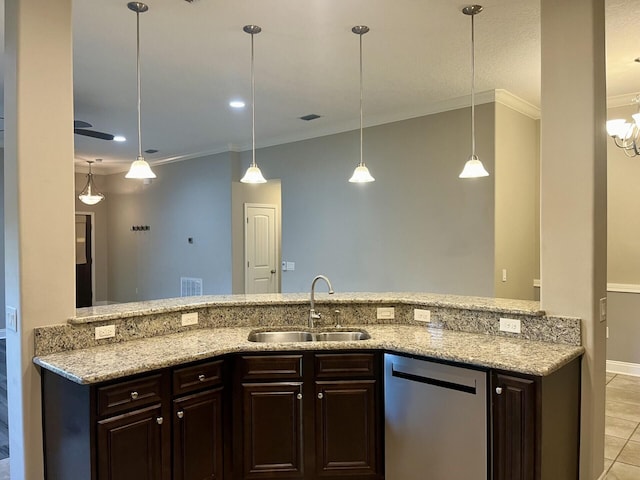 kitchen featuring stainless steel dishwasher, hanging light fixtures, crown molding, and sink