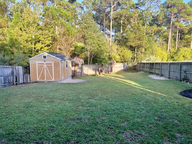 view of yard featuring a storage shed