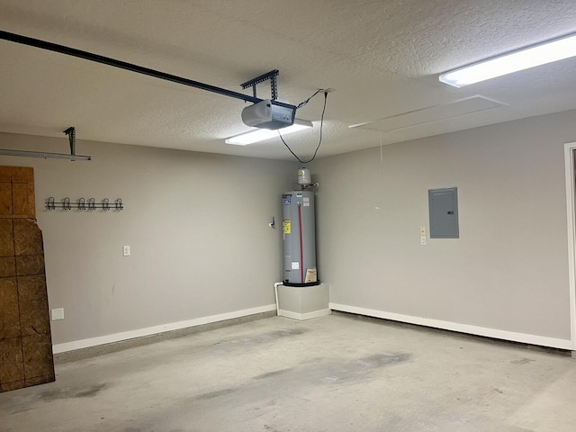 garage with a garage door opener, electric panel, and water heater