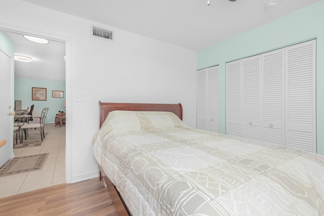 bedroom with wood-type flooring and two closets