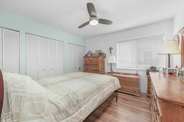 bedroom featuring wood-type flooring, ceiling fan, and two closets