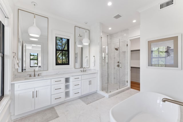 bathroom featuring vanity and separate shower and tub