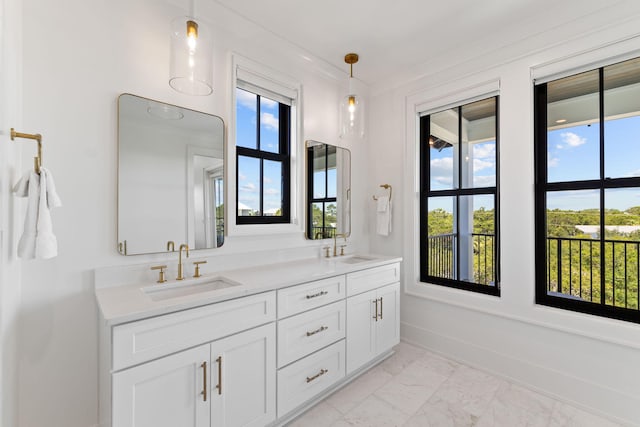 bathroom with vanity, a healthy amount of sunlight, and crown molding