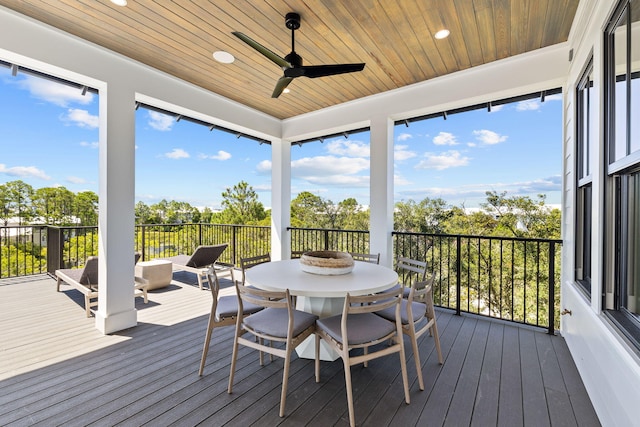 sunroom featuring wooden ceiling and ceiling fan