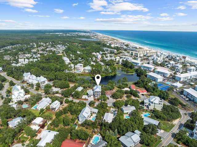 aerial view featuring a water view