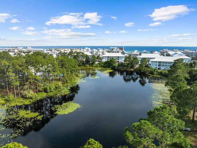 bird's eye view with a water view