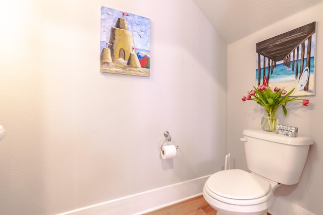 bathroom featuring toilet, a textured ceiling, and vaulted ceiling