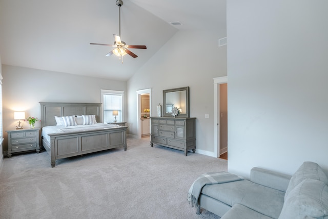 bedroom with ceiling fan, light colored carpet, and high vaulted ceiling