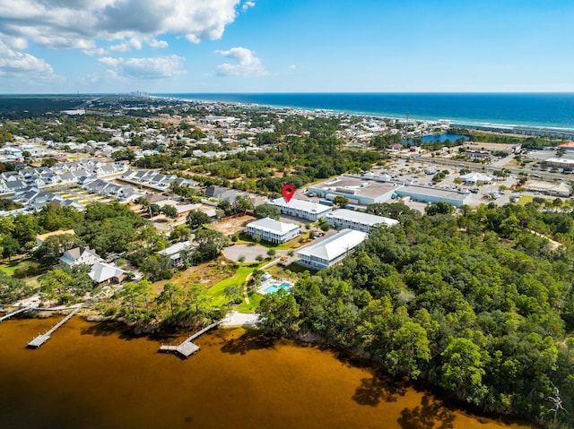 drone / aerial view featuring a water view