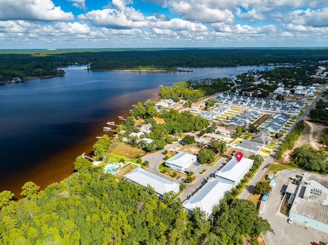 22958 Ann Miller Rd, Panama City Beach, FL 32413 - aerial perspective of suburban area with a nearby body of water and a heavily wooded area