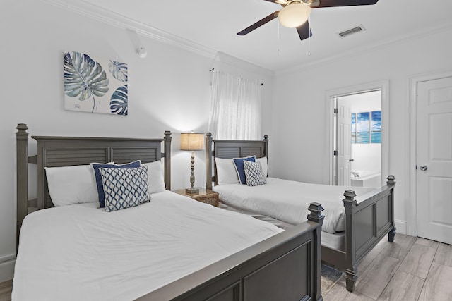 bedroom featuring light wood-type flooring, multiple windows, ceiling fan, and crown molding