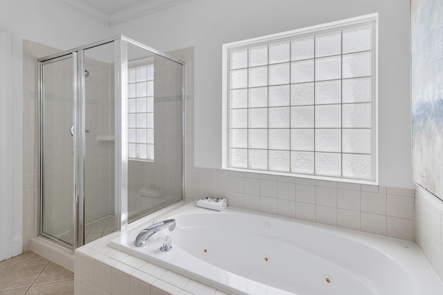 bathroom with independent shower and bath, tile patterned floors, and ornamental molding