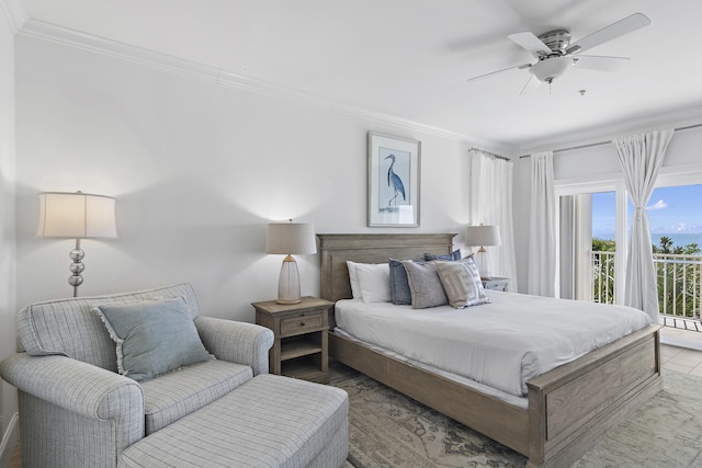 bedroom featuring access to outside, ceiling fan, and crown molding