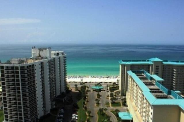 view of water feature with a beach view