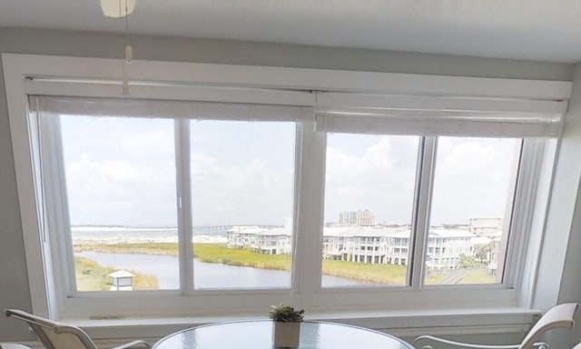 entryway featuring a wealth of natural light and a water view