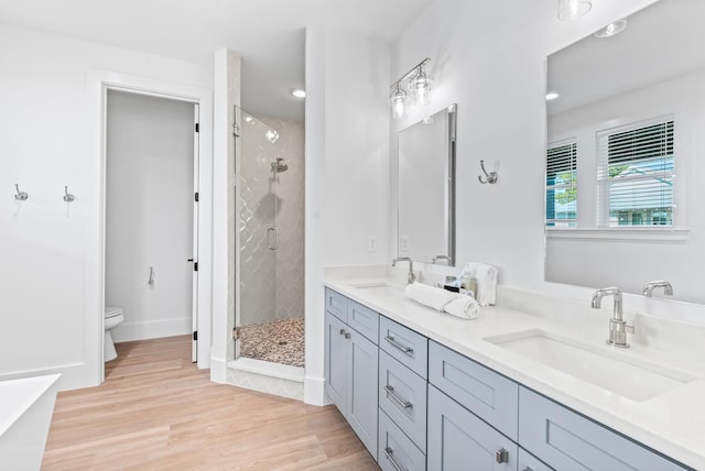 bathroom with wood-type flooring, vanity, toilet, and an enclosed shower