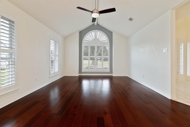 946 Shalimar Point Dr, Shalimar, FL 32579 - empty room with a ceiling fan, dark wood-style floors, lofted ceiling, and baseboards