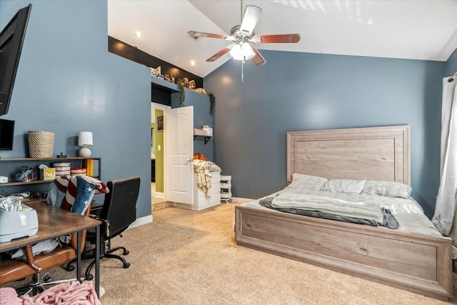 carpeted bedroom featuring ceiling fan and lofted ceiling