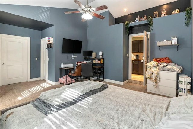 bedroom featuring ceiling fan, high vaulted ceiling, and light colored carpet