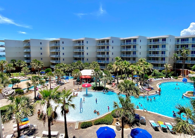 view of swimming pool featuring a patio