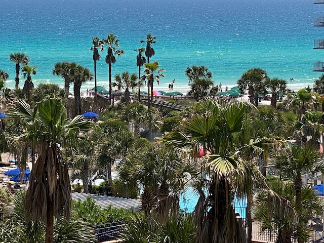 view of water feature with a beach view