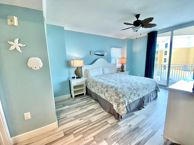 bedroom featuring access to exterior, light wood-style flooring, baseboards, ornamental molding, and a ceiling fan