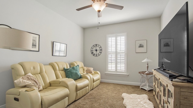 living room featuring light carpet and ceiling fan