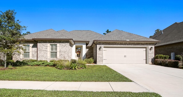 view of front of property featuring a front lawn and a garage