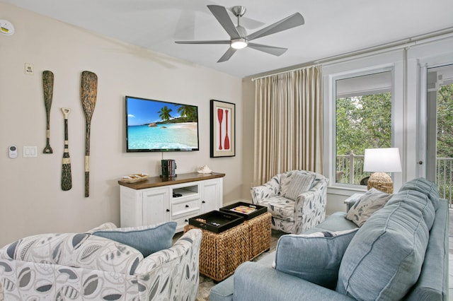 living room featuring ceiling fan