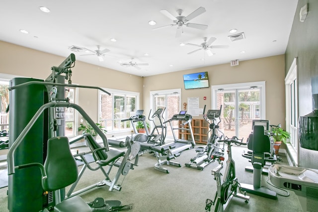 workout area featuring ceiling fan, plenty of natural light, and carpet flooring