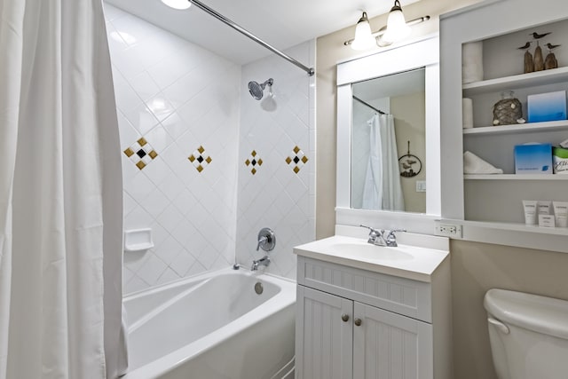 full bathroom featuring toilet, shower / tub combo, and vanity