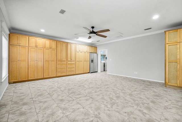 unfurnished bedroom featuring stainless steel fridge with ice dispenser, ceiling fan, and crown molding