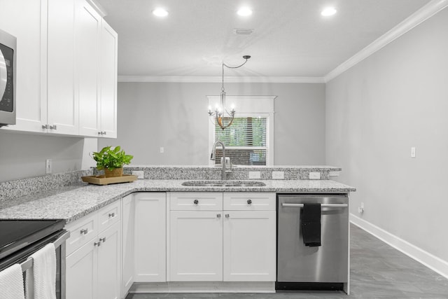 kitchen featuring white cabinets, appliances with stainless steel finishes, light stone countertops, and sink