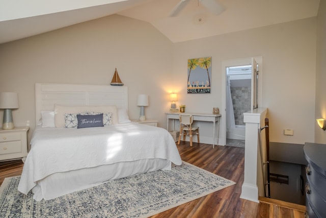 bedroom with ceiling fan, dark wood-type flooring, and lofted ceiling