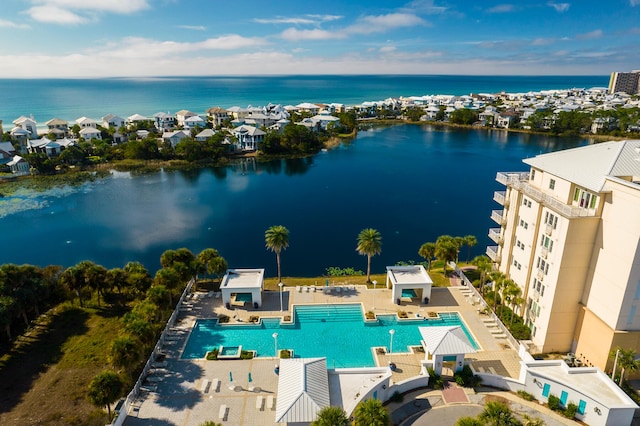 aerial view featuring a water view