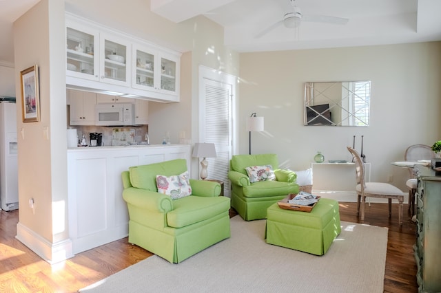 living area featuring ceiling fan and wood-type flooring