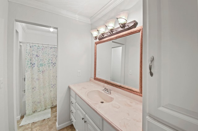 bathroom featuring a shower with curtain, tile patterned flooring, vanity, and ornamental molding