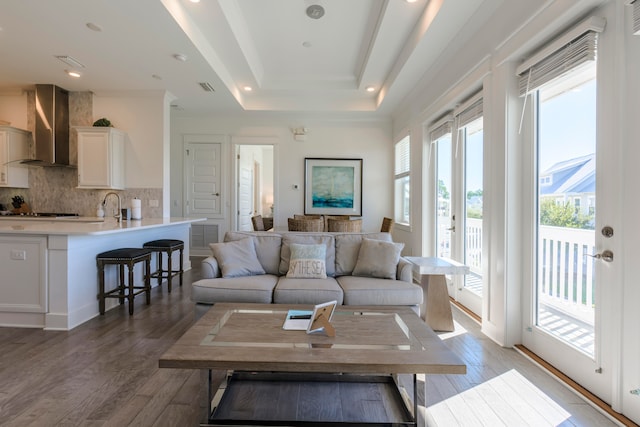 living room featuring light hardwood / wood-style floors, sink, and a raised ceiling