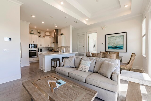 living room featuring ornamental molding, light hardwood / wood-style floors, sink, and a raised ceiling