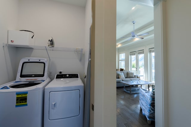 clothes washing area with dark wood-type flooring, ceiling fan, french doors, and washer and clothes dryer