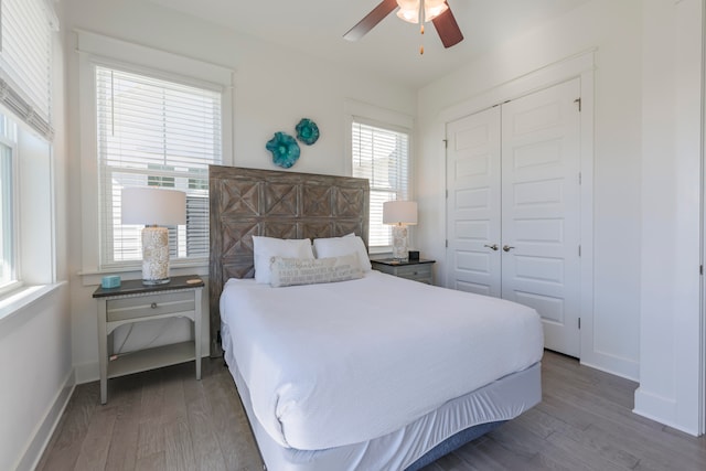 bedroom with a closet, multiple windows, dark hardwood / wood-style floors, and ceiling fan