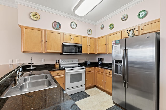 kitchen featuring dark stone counters, stainless steel appliances, crown molding, and sink