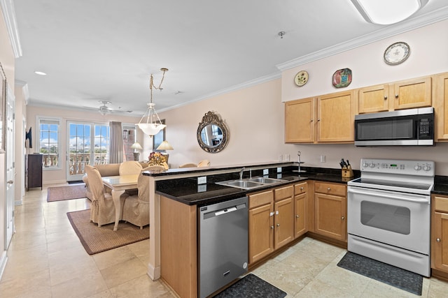 kitchen featuring kitchen peninsula, stainless steel appliances, ceiling fan, crown molding, and sink