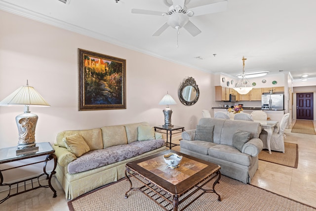 tiled living room featuring ceiling fan and crown molding