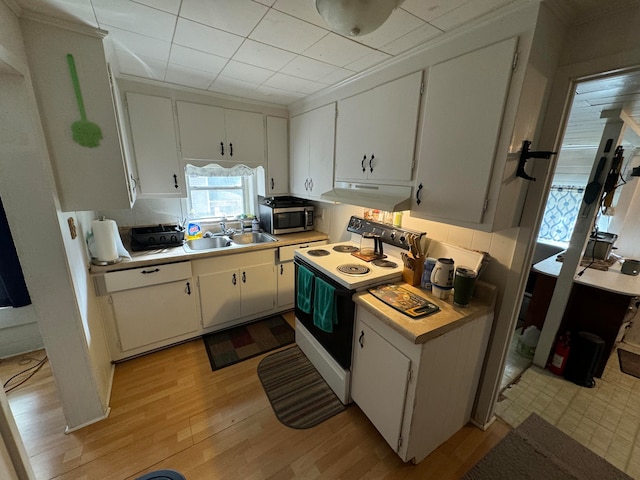 kitchen with white cabinetry, sink, and electric stove