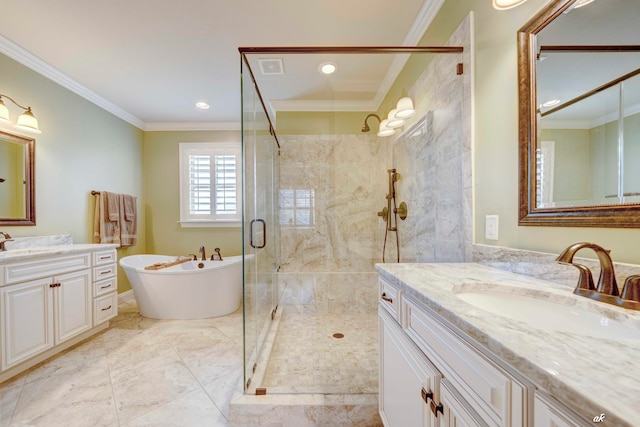 bathroom with plus walk in shower, vanity, and ornamental molding