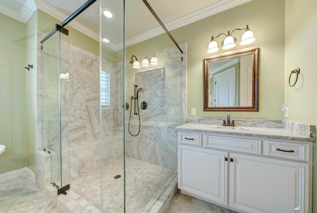 bathroom with vanity, ornamental molding, and walk in shower