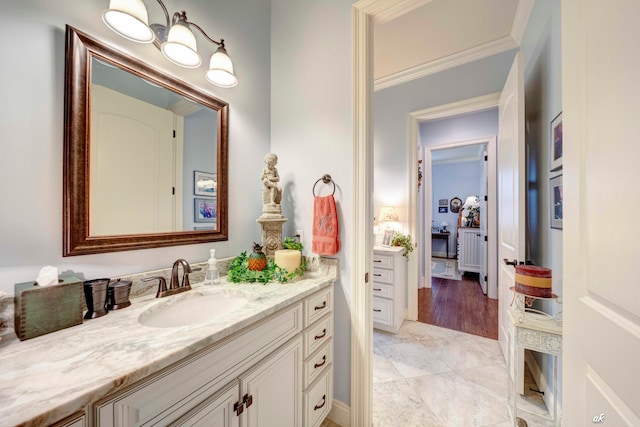 bathroom featuring vanity, wood-type flooring, and ornamental molding